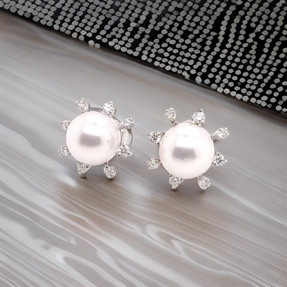 Diamond Akoya Pearl Earrings 14K White Gold 9.50 mm Certified $3,950 018642