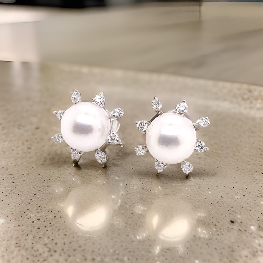 Diamond Akoya Pearl Earrings 14K White Gold 9.50 mm Certified $3,950 018642