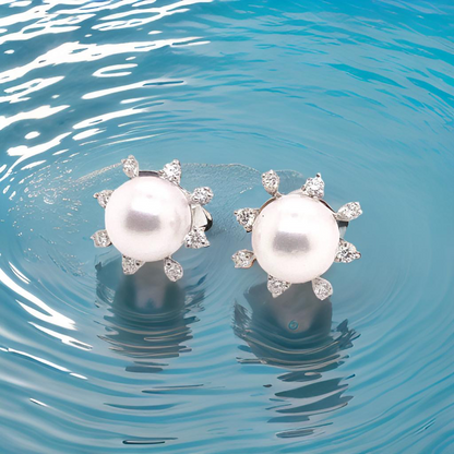 Diamond Akoya Pearl Earrings 14K White Gold 9.50 mm Certified $3,950 018642