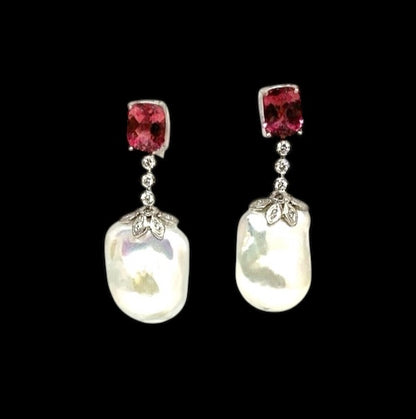 Diamond Rubellite Tourmaline Pearl Earrings 14k Gold 6.25 TCW Certified $4,950 920746