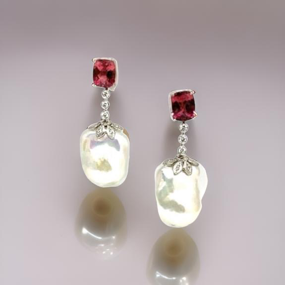 Diamond Rubellite Tourmaline Pearl Earrings 14k Gold 6.25 TCW Certified $4,950 920746