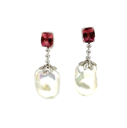 Diamond Rubellite Tourmaline Pearl Earrings 14k Gold 6.25 TCW Certified $4,950 920746