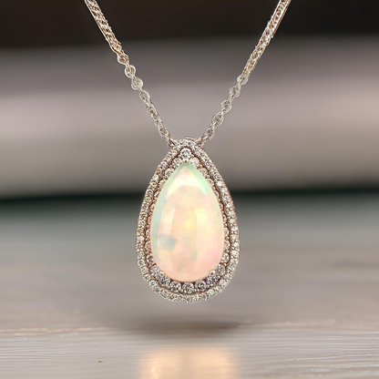 Natural Opal Diamond Necklace 20" 14k White Gold 15.14 TCW Certified $8,750 410446