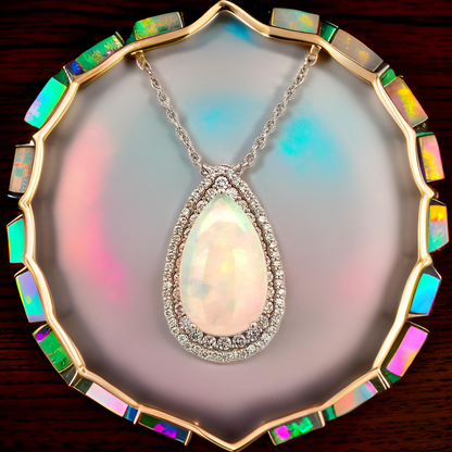 Natural Opal Diamond Necklace 20" 14k White Gold 15.14 TCW Certified $8,750 410446