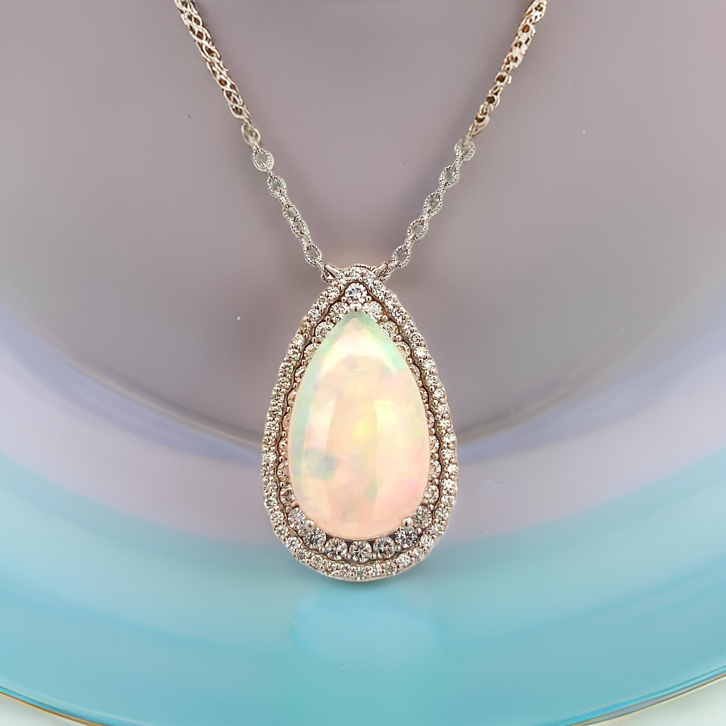 Natural Opal Diamond Necklace 20" 14k White Gold 15.14 TCW Certified $8,750 410446