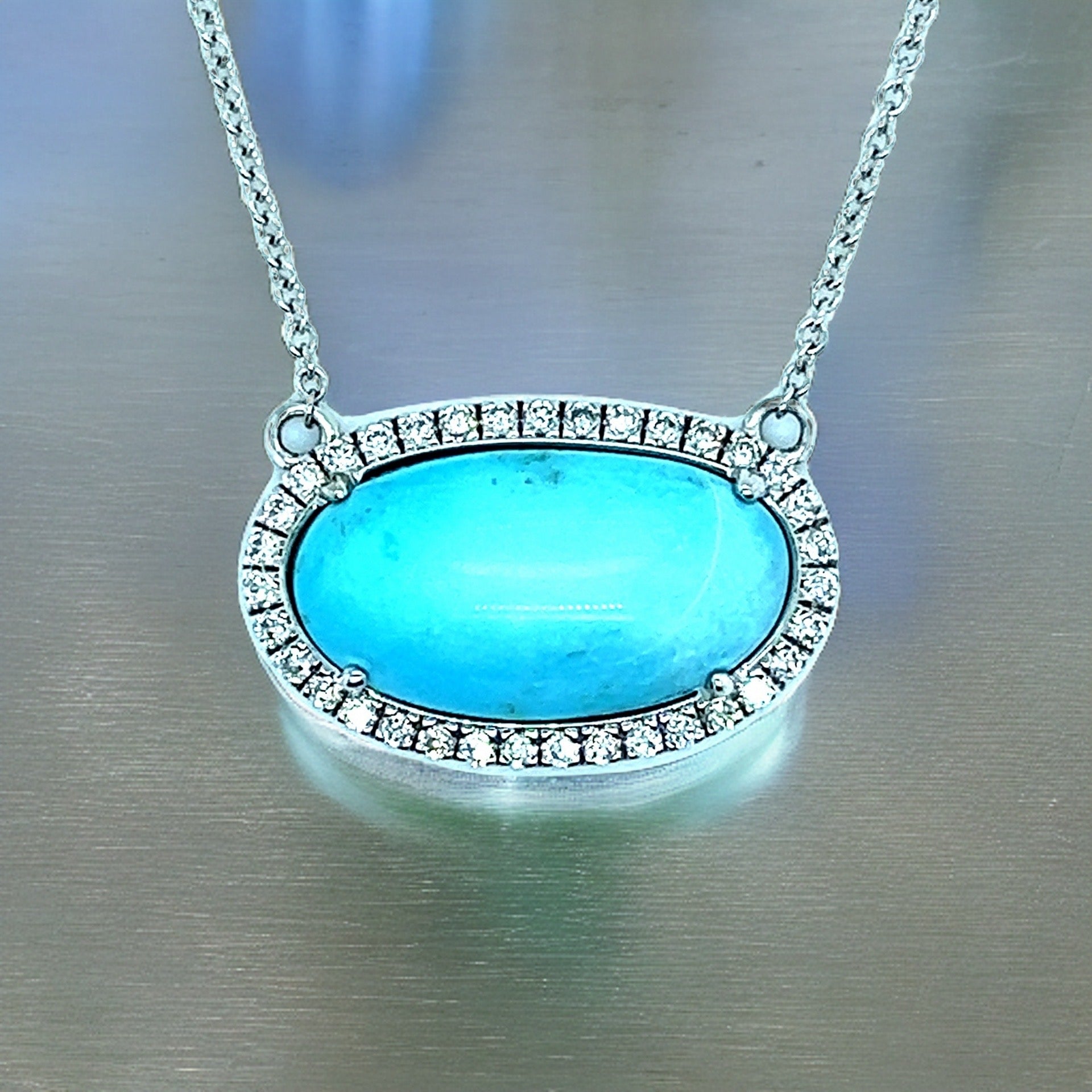 Natural Persian Turquoise Diamond Halo Pendant With Chain 18.5" 14k WG 8.1 TCW Certified $4,975 300679 - Certified Fine Jewelry