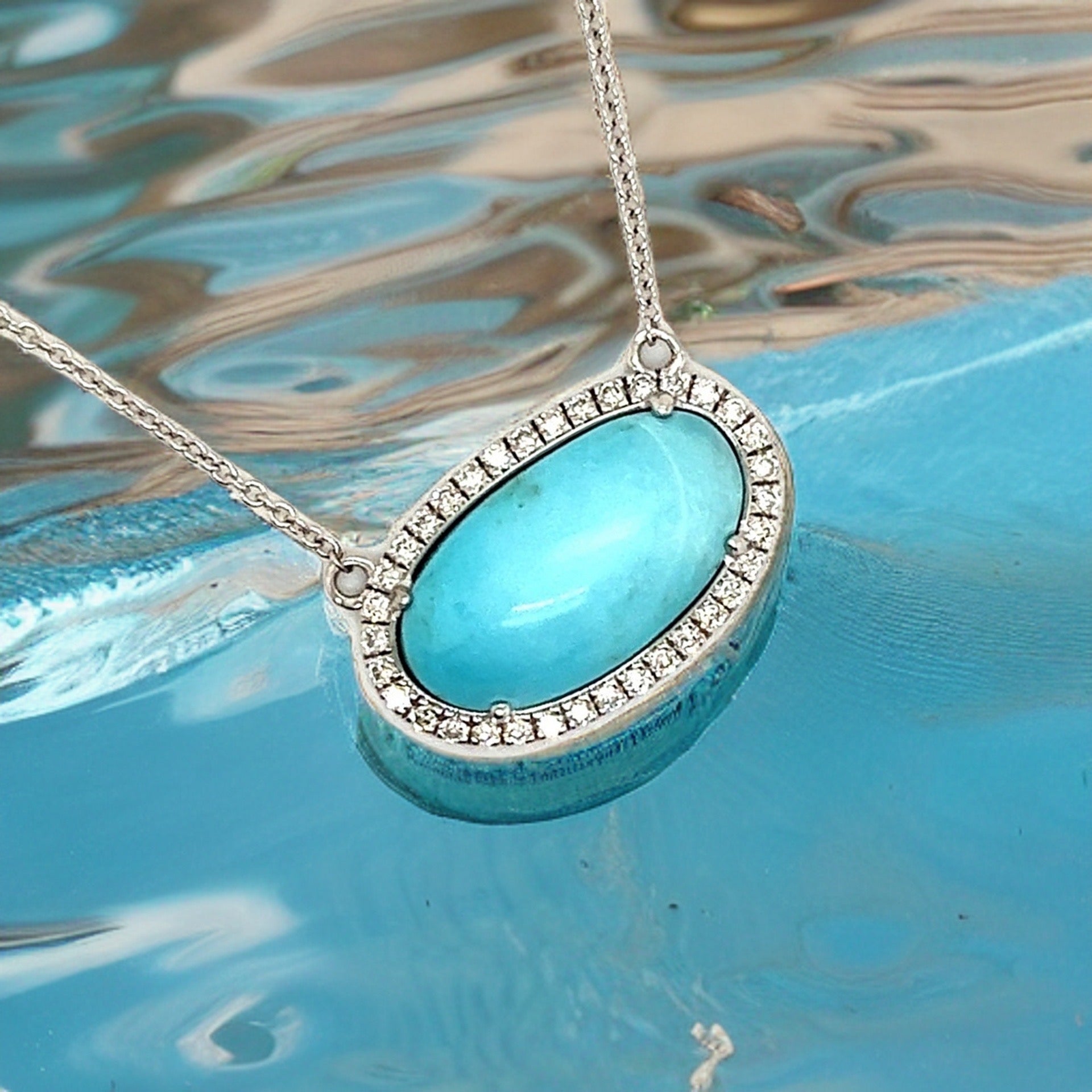 Natural Persian Turquoise Diamond Halo Pendant With Chain 18.5" 14k WG 8.1 TCW Certified $4,975 300679 - Certified Fine Jewelry