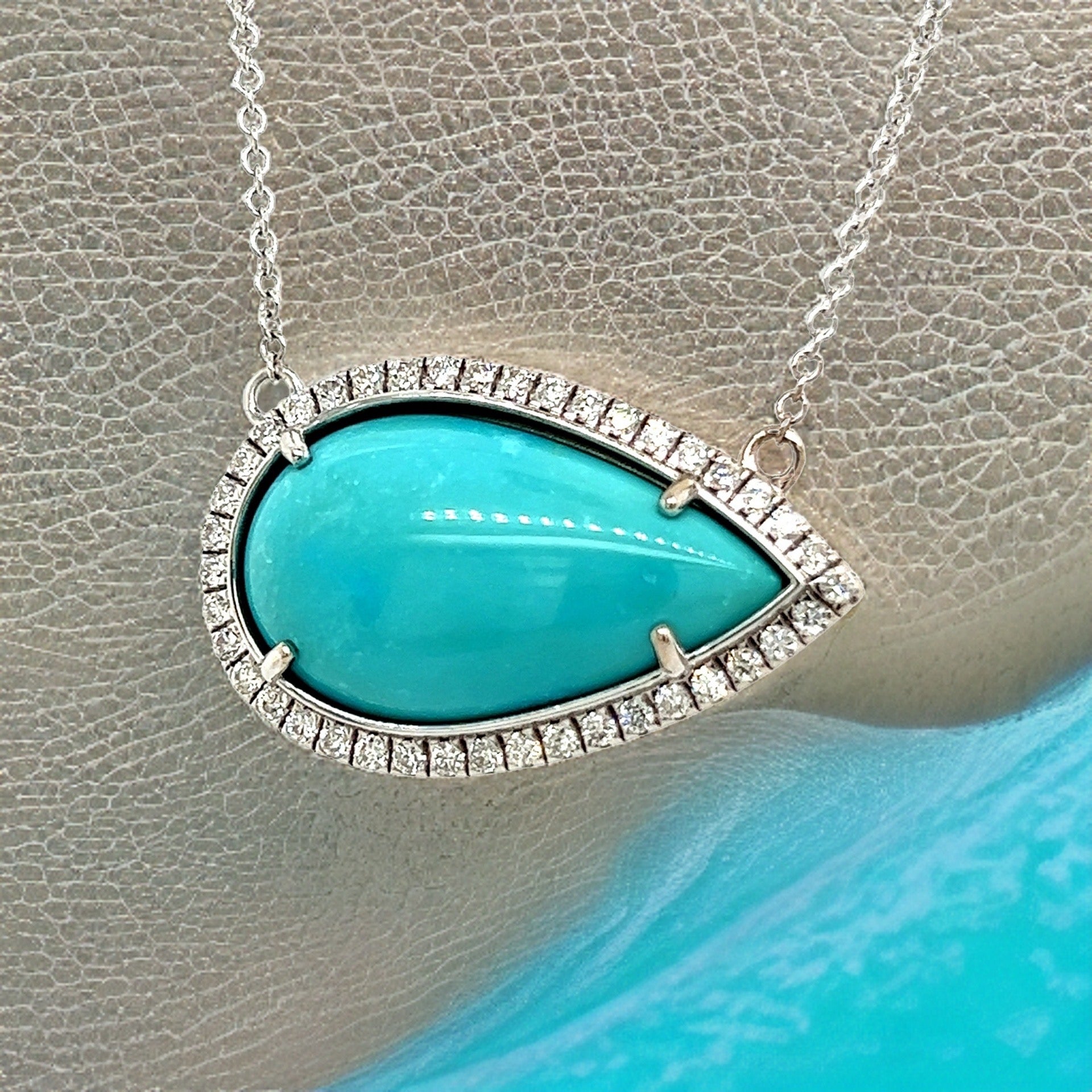 Persian Turquoise Diamond Halo Pendant With Chain 18.5" 14k WG 11.36 TCW Certified $5,950 300680 - Certified Fine Jewelry