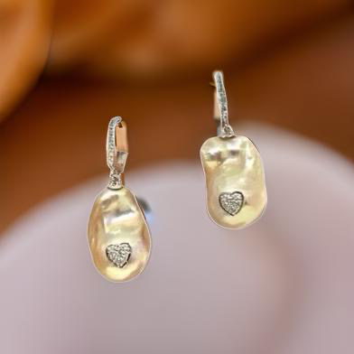 Diamond Baroque FW Yellow Pearl Earrings 14k Gold Certified $1,950 914375