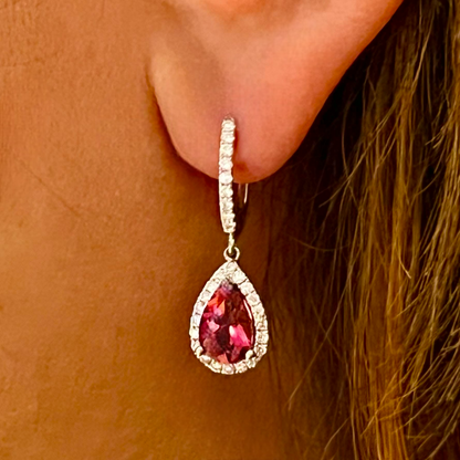 Diamond Rubellite Tourmaline Drop Earrings 18k W Gold 2.93 TCW Certified $5,950 210764