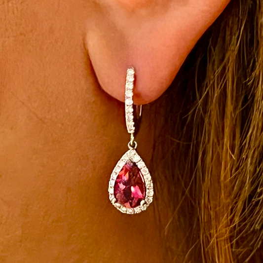 Diamond Rubellite Tourmaline Drop Earrings 18k W Gold 2.93 TCW Certified $5,950 210764