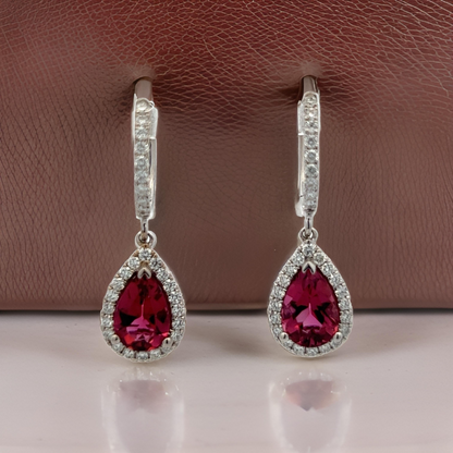 Diamond Rubellite Tourmaline Drop Earrings 18k W Gold 2.93 TCW Certified $5,950 210764