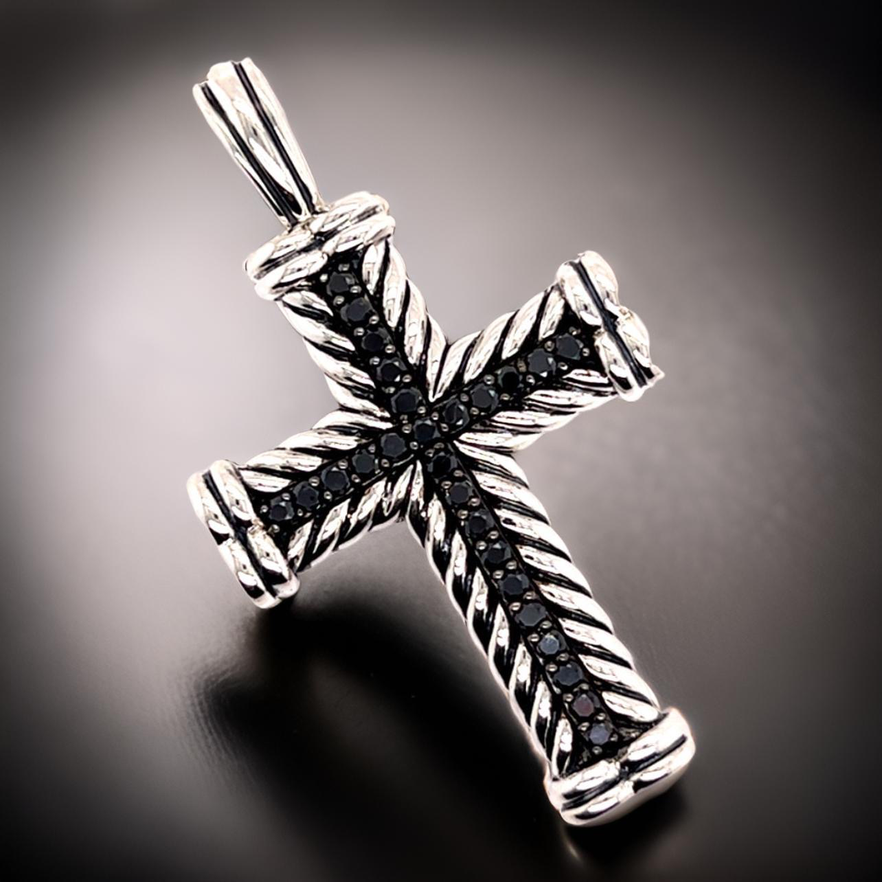 David Yurman Authentic Estate Black Diamond Chevron Silver Cross Pendant 16.5g DY506