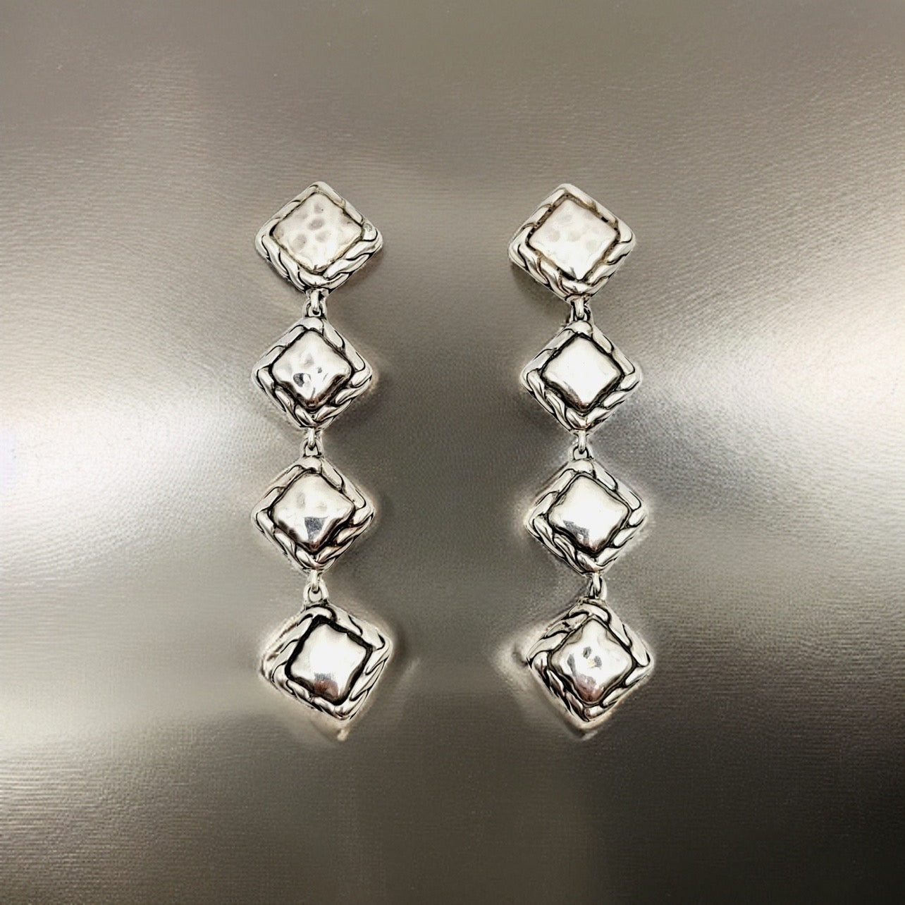 John Hardy Estate Palu Hammered Drop Earrings 2" Silver JH65 - Certified Fine Jewelry