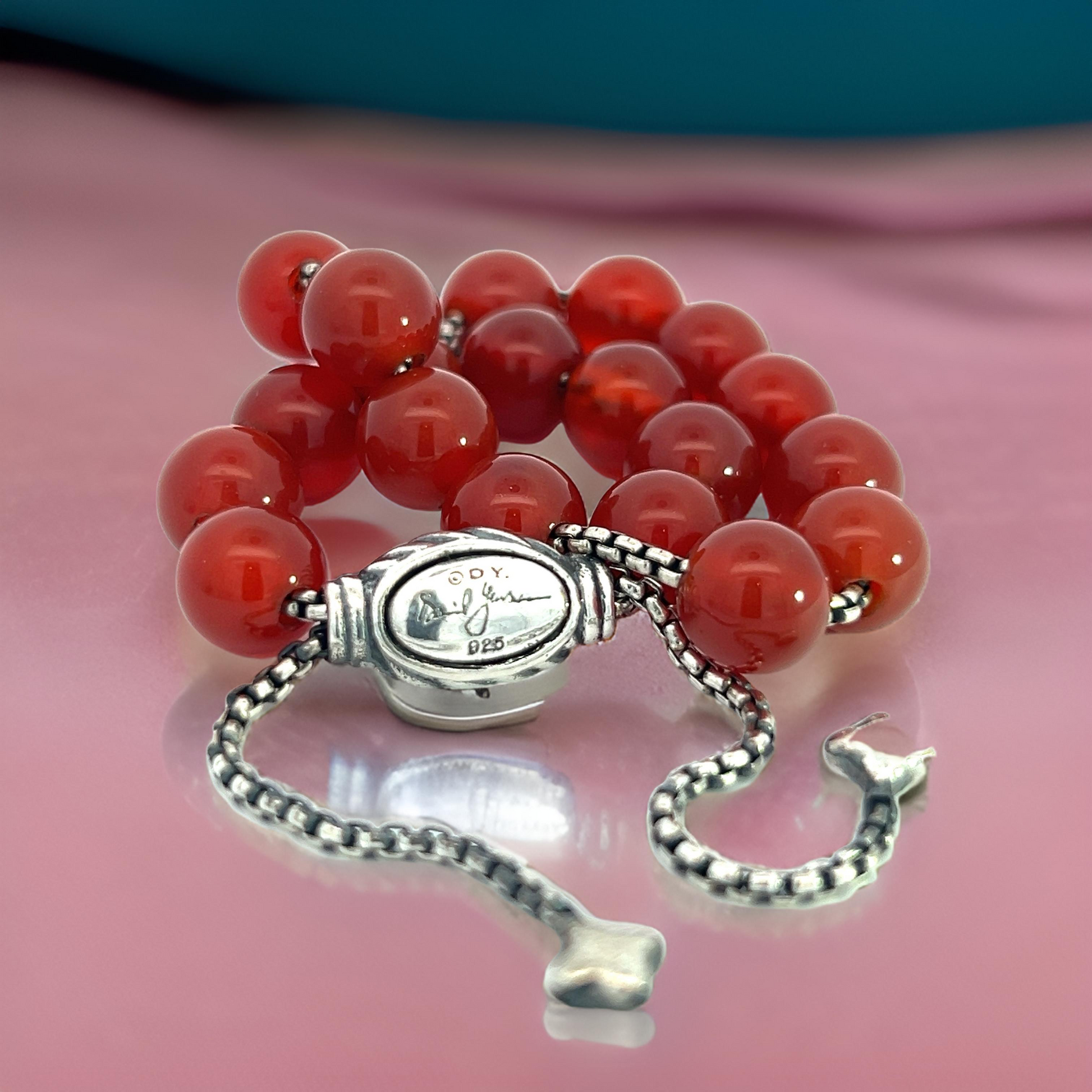 David Yurman Authentic Estate Carnelian Spiritual Beads Bracelet 6.6 - 8.5" Silver 8 mm DY496