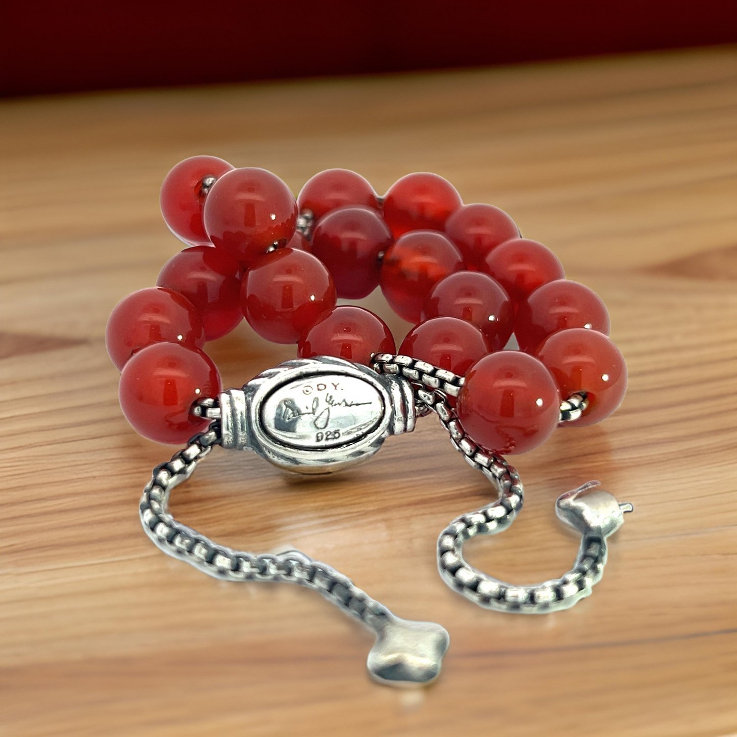 David Yurman Authentic Estate Carnelian Spiritual Beads Bracelet 6.6 - 8.5" Silver 8 mm DY496