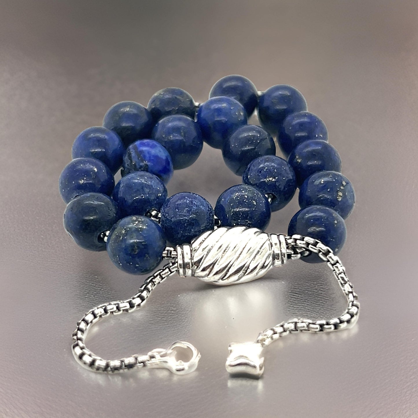 David Yurman Authentic Estate Lapis Lazuli Spiritual Beads Bracelet 6.6 - 8.5" Silver 8 mm DY497