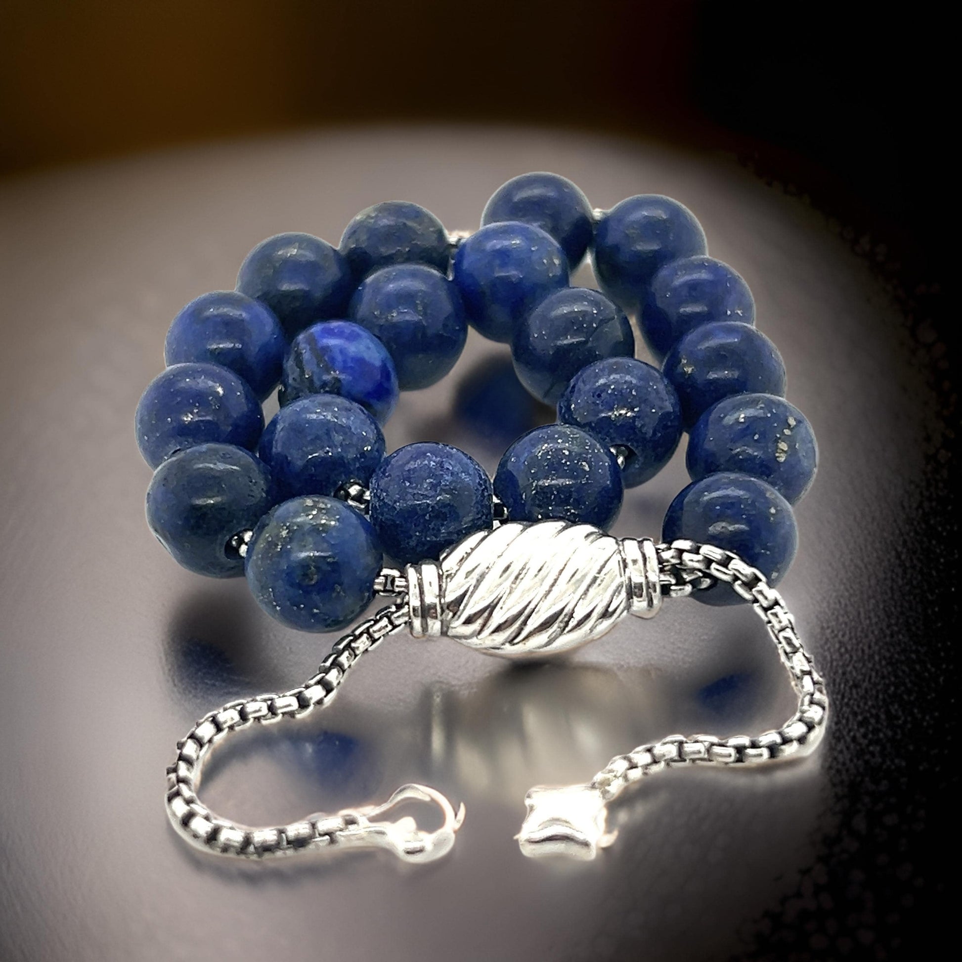 David Yurman Authentic Estate Lapis Lazuli Spiritual Beads Bracelet 6.6 - 8.5" Silver 8 mm DY497