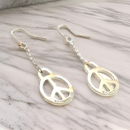 Tiffany & Co Estate Hanging Peace Earrings 2" Sterling Silver TIF696