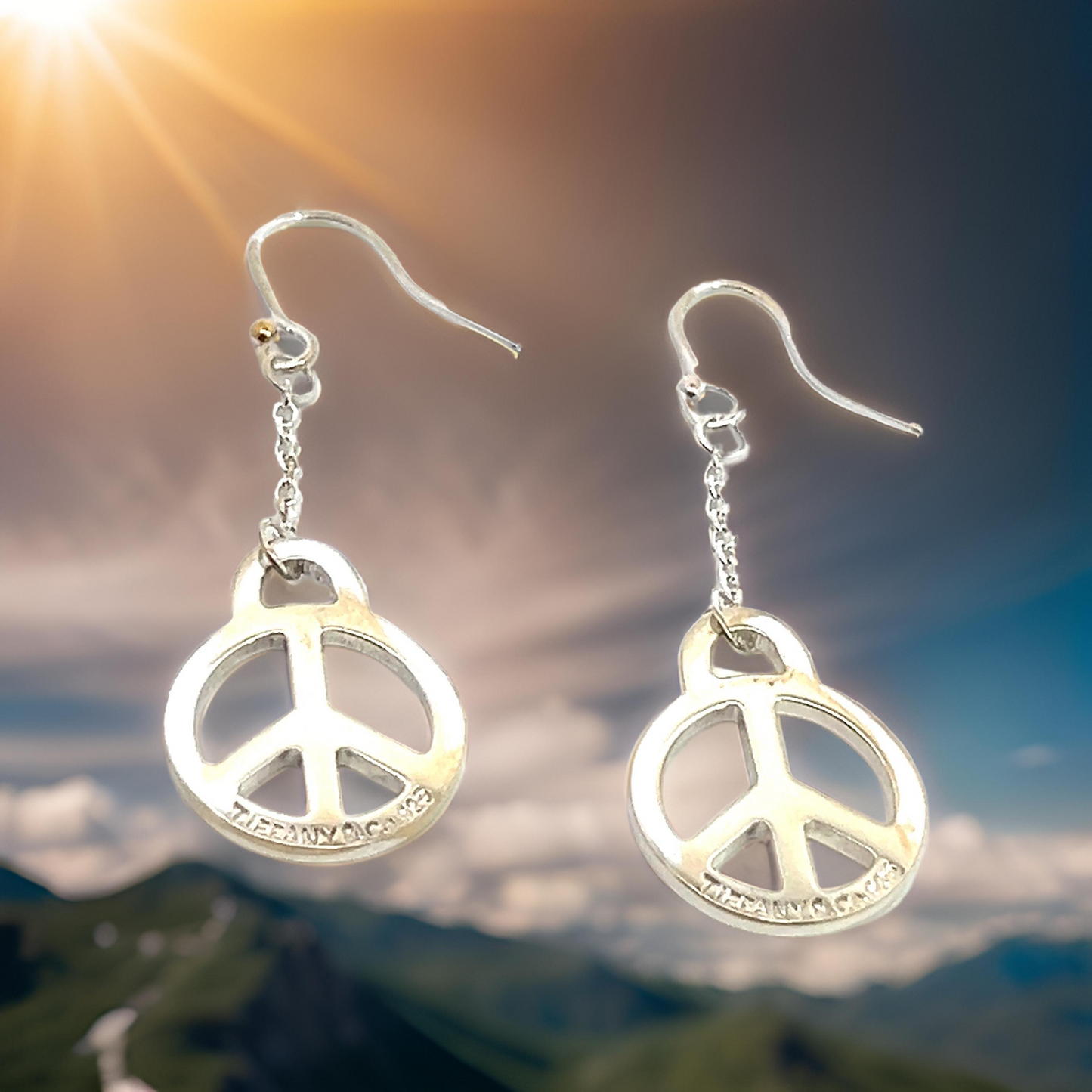 Tiffany & Co Estate Hanging Peace Earrings 2" Sterling Silver TIF696