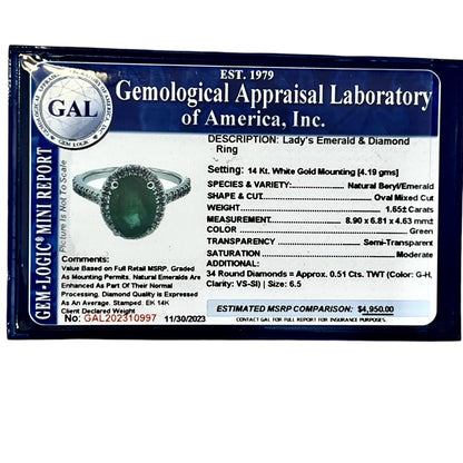 Natural Emerald Diamond Ring Size 6.5 14k White Gold 2.16 TCW Certified $4,950 310997