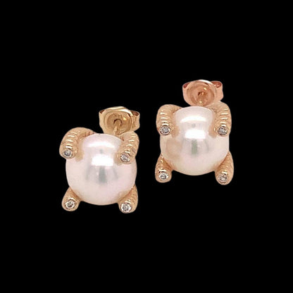 Diamond Akoya Pearl Earrings 14k Yellow Gold 9.35 mm Certified $2,950 017786