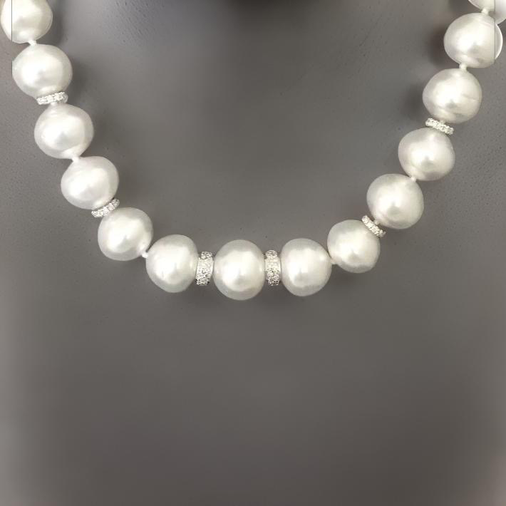 Diamond South Sea Pearl Necklace 14k Gold 13 mm 18.2" Certified $15,450 817025