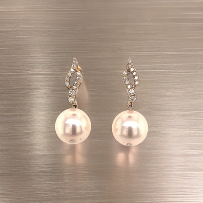 Diamond Akoya Pearl Dangle Earrings 14k Gold 9.2 mm Certified $1,990 114460 - Certified Fine Jewelry