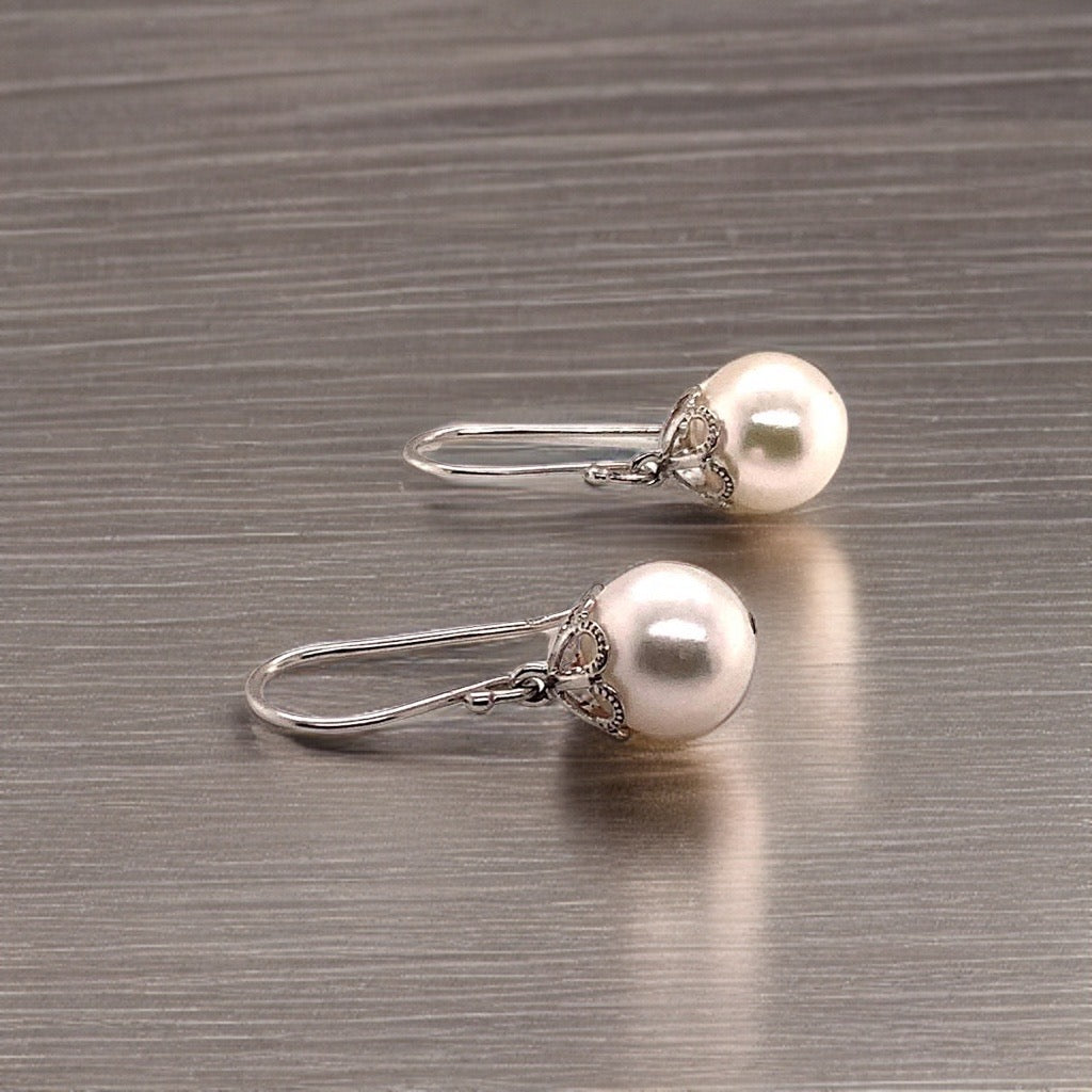 Akoya Pearl Earrings 14 KT White Gold 8.92 mm Certified $990 017529 - Certified Fine Jewelry