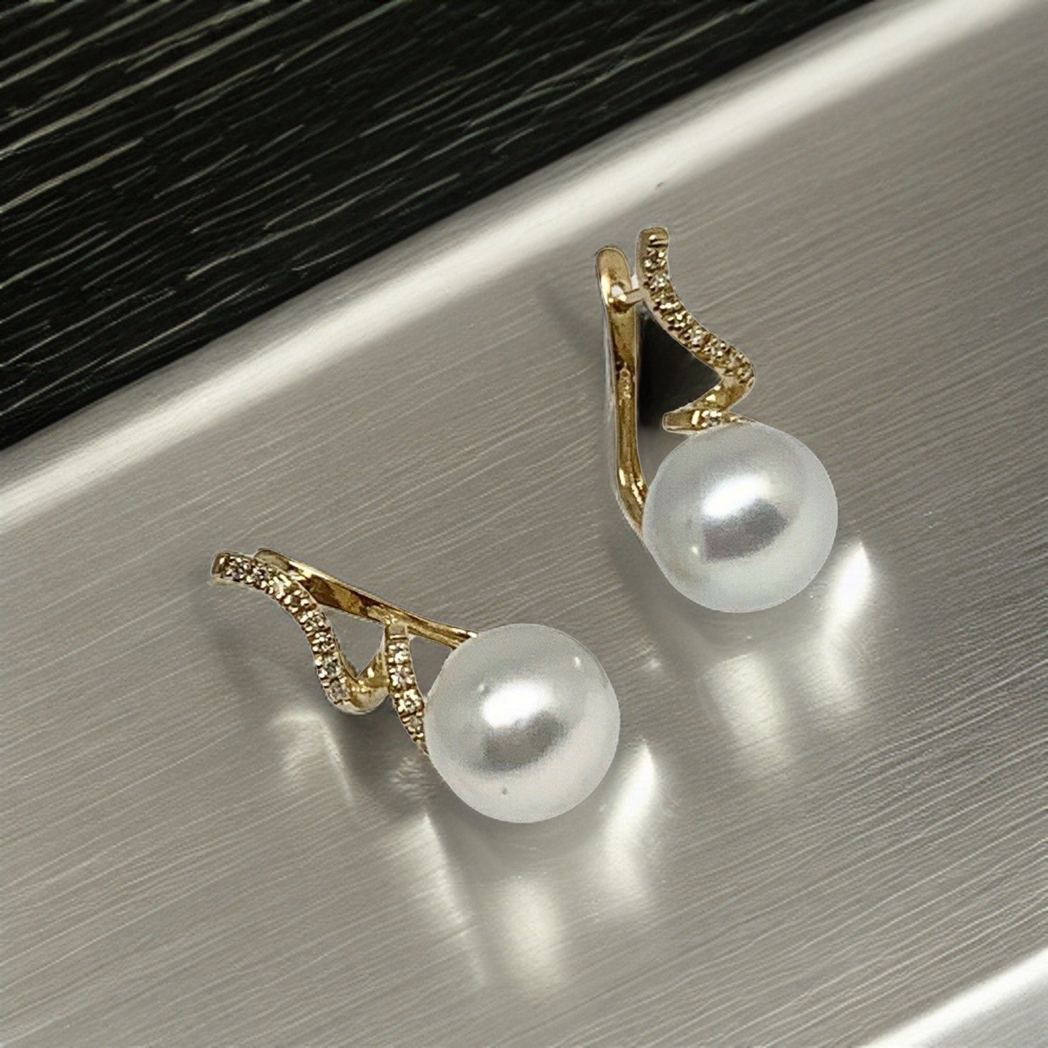 Diamond South Sea Pearl Earrings 14k Gold 11 mm Certified $2,950 910809 - Certified Fine Jewelry