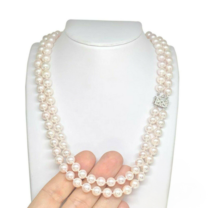 Diamond Akoya Pearl Necklace 8 mm 14k Gold 18 3/4" 2-Strand Certified $9,750 010928