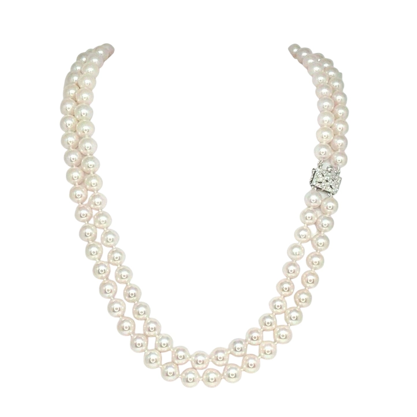 Diamond Akoya Pearl Necklace 8 mm 14k Gold 18 3/4" 2-Strand Certified $9,750 010928