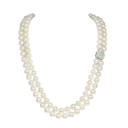 Diamond Akoya Pearl Necklace 8 mm 14k Gold 18 3/4" 2-Strand Certified $9,750 010928