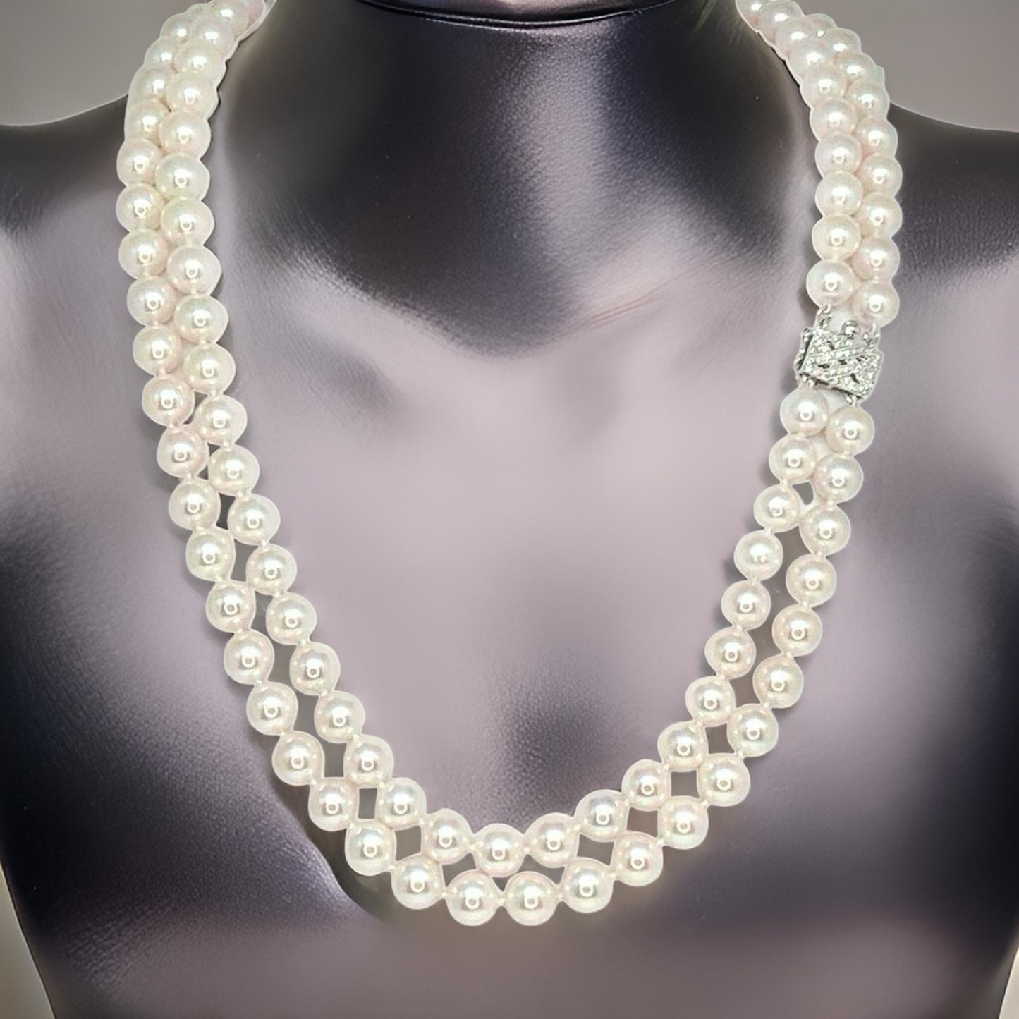 Diamond Akoya Pearl Necklace 8 mm 14k Gold 18 3/4" 2-Strand Certified $9,750 010928