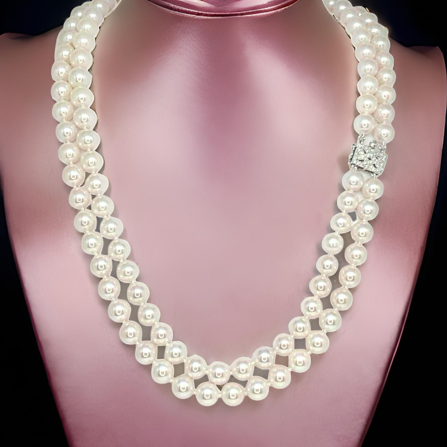 Diamond Akoya Pearl Necklace 8 mm 14k Gold 18 3/4" 2-Strand Certified $9,750 010928