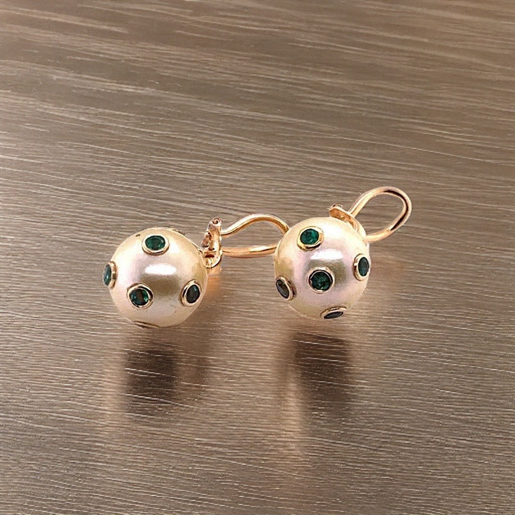 South Sea Pearl Emerald Earrings 18k Gold Certified $5,950 011911 - Certified Fine Jewelry