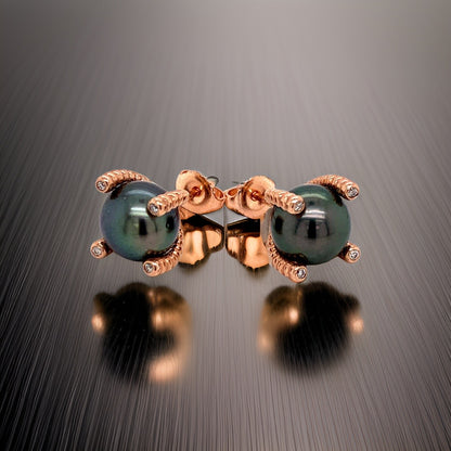 Diamond Large Tahitian Pearl Earrings 14k Gold 9.7 mm Certified $3,450 011914