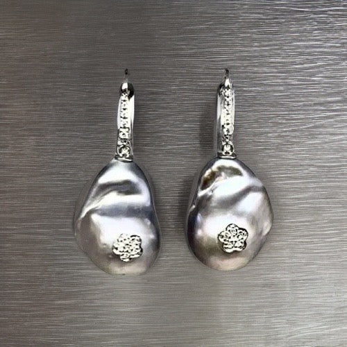 Diamond Large Freshwater Pearl Earrings 14k Gold 23.2 mm Certified $1,950 914371 - Certified Fine Jewelry