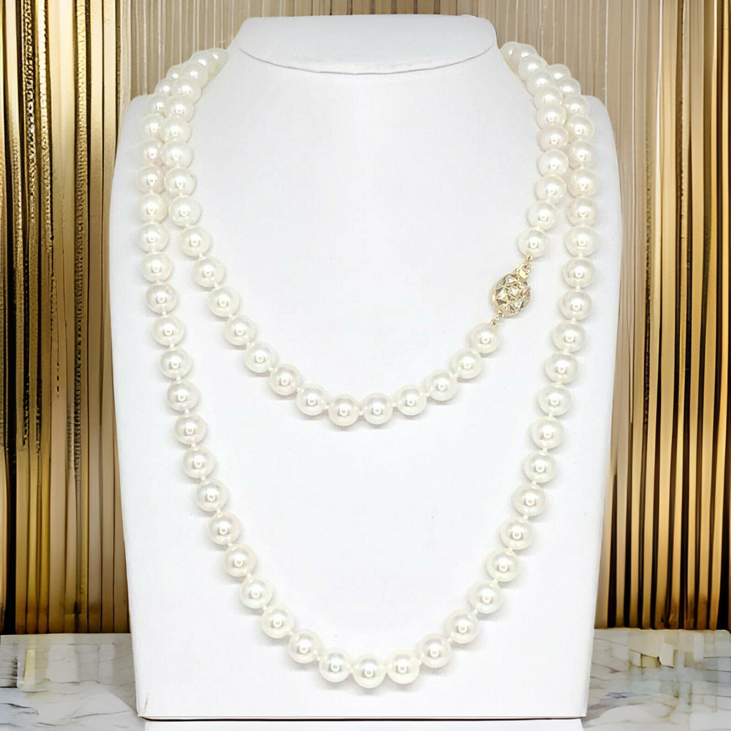 Diamond Akoya Pearl Necklace 14k Gold 8.5 mm 36 in Certified $9,750 010932