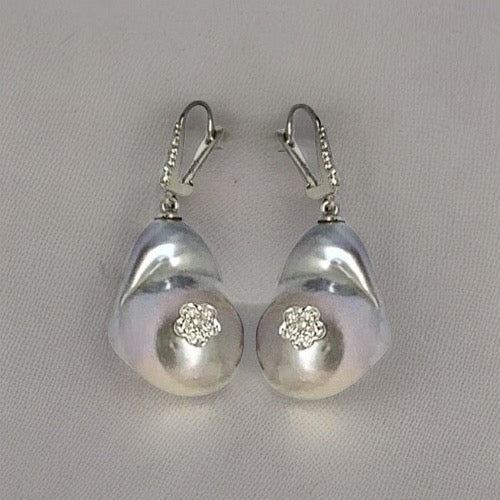 Diamond Large Freshwater Pearl Earrings 14k Gold 23.2 mm Certified $1,950 914371 - Certified Fine Jewelry