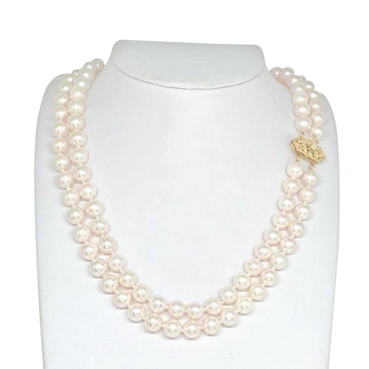 Diamond Akoya Pearl Necklace 8 mm 14k Gold 17 in 2-Strand Certified $9,750 010933