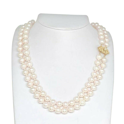 Diamond Akoya Pearl Necklace 8 mm 14k Gold 17 in 2-Strand Certified $9,750 010933