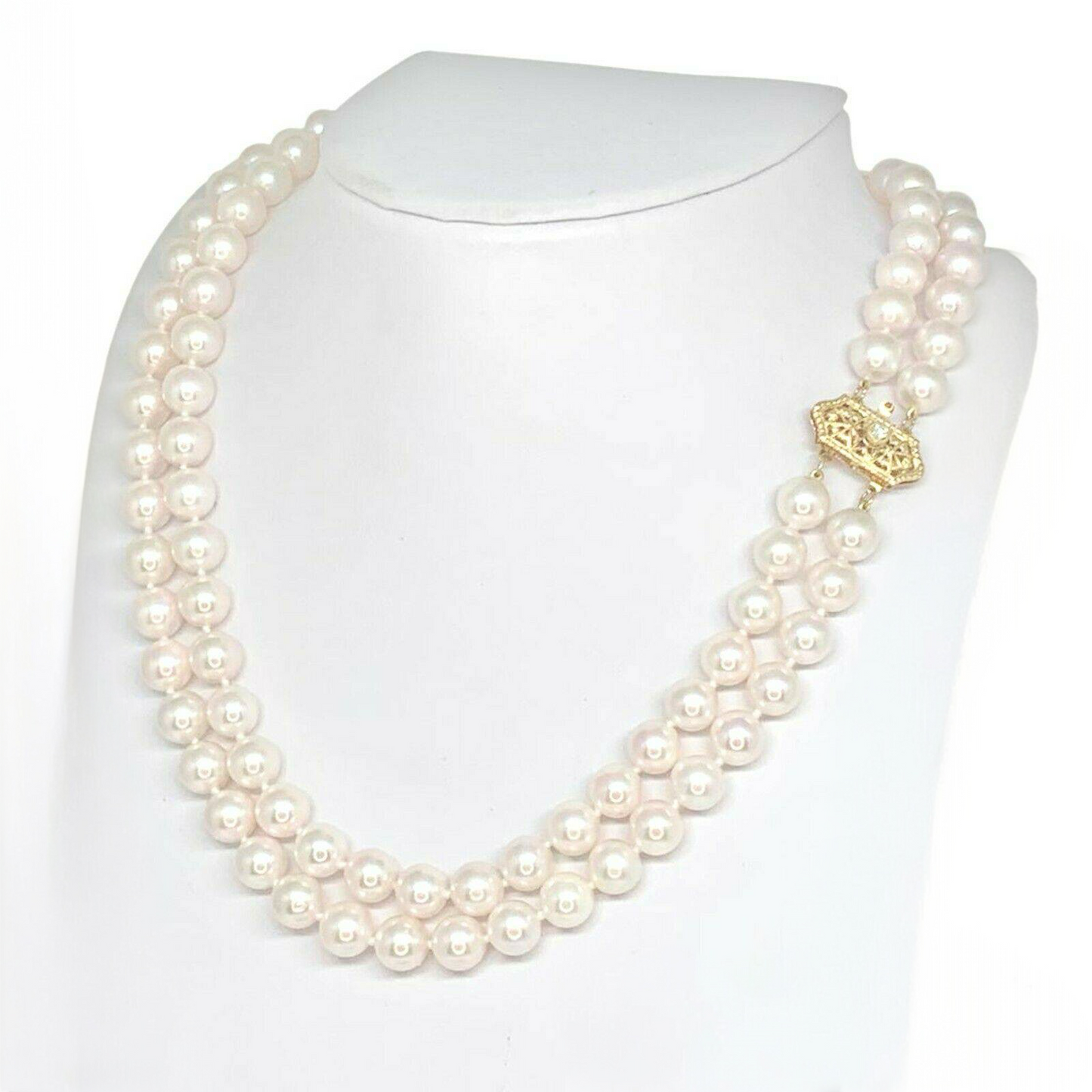 Diamond Akoya Pearl Necklace 8 mm 14k Gold 17 in 2-Strand Certified $9,750 010933