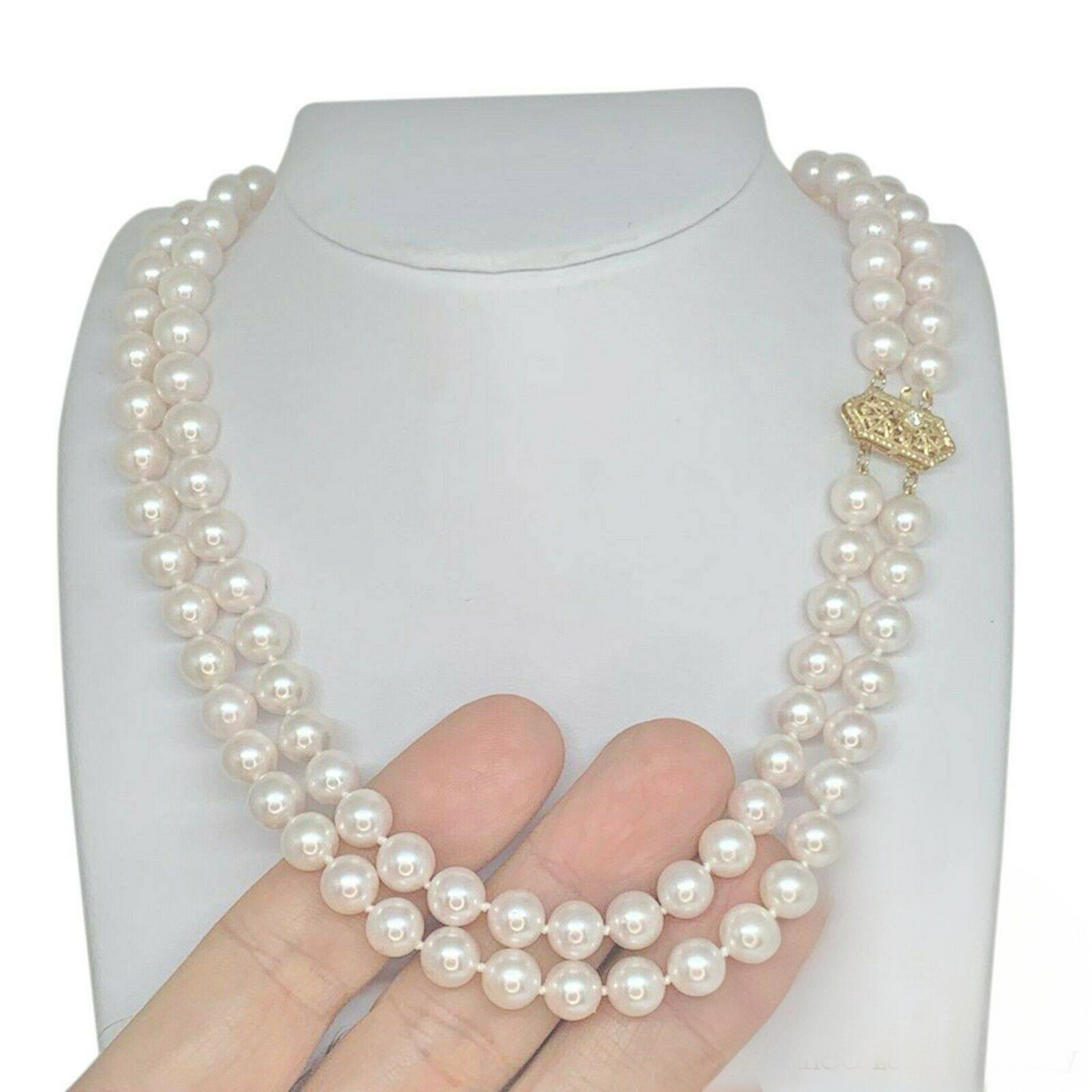 Diamond Akoya Pearl Necklace 8 mm 14k Gold 17 in 2-Strand Certified $9,750 010933