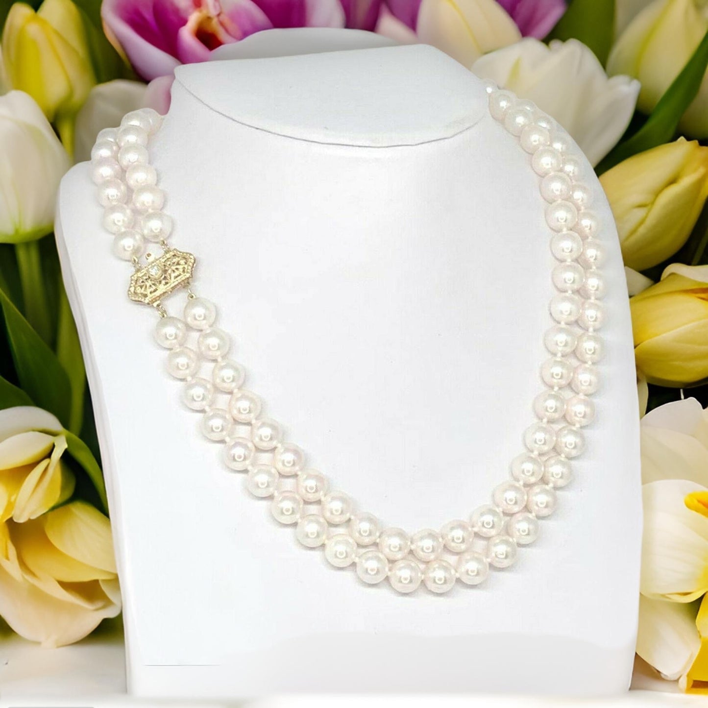 Diamond Akoya Pearl Necklace 8 mm 14k Gold 17 in 2-Strand Certified $9,750 010933