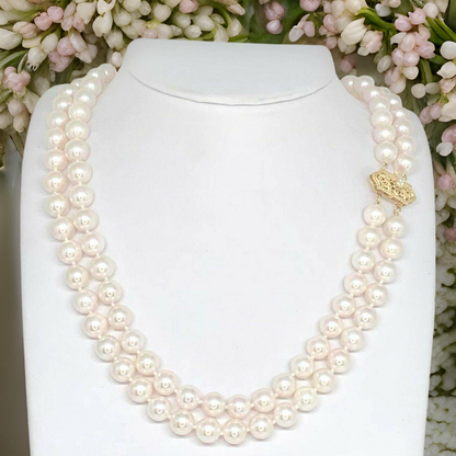 Diamond Akoya Pearl Necklace 8 mm 14k Gold 17 in 2-Strand Certified $9,750 010933