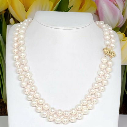 Diamond Akoya Pearl Necklace 8 mm 14k Gold 17 in 2-Strand Certified $9,750 010933