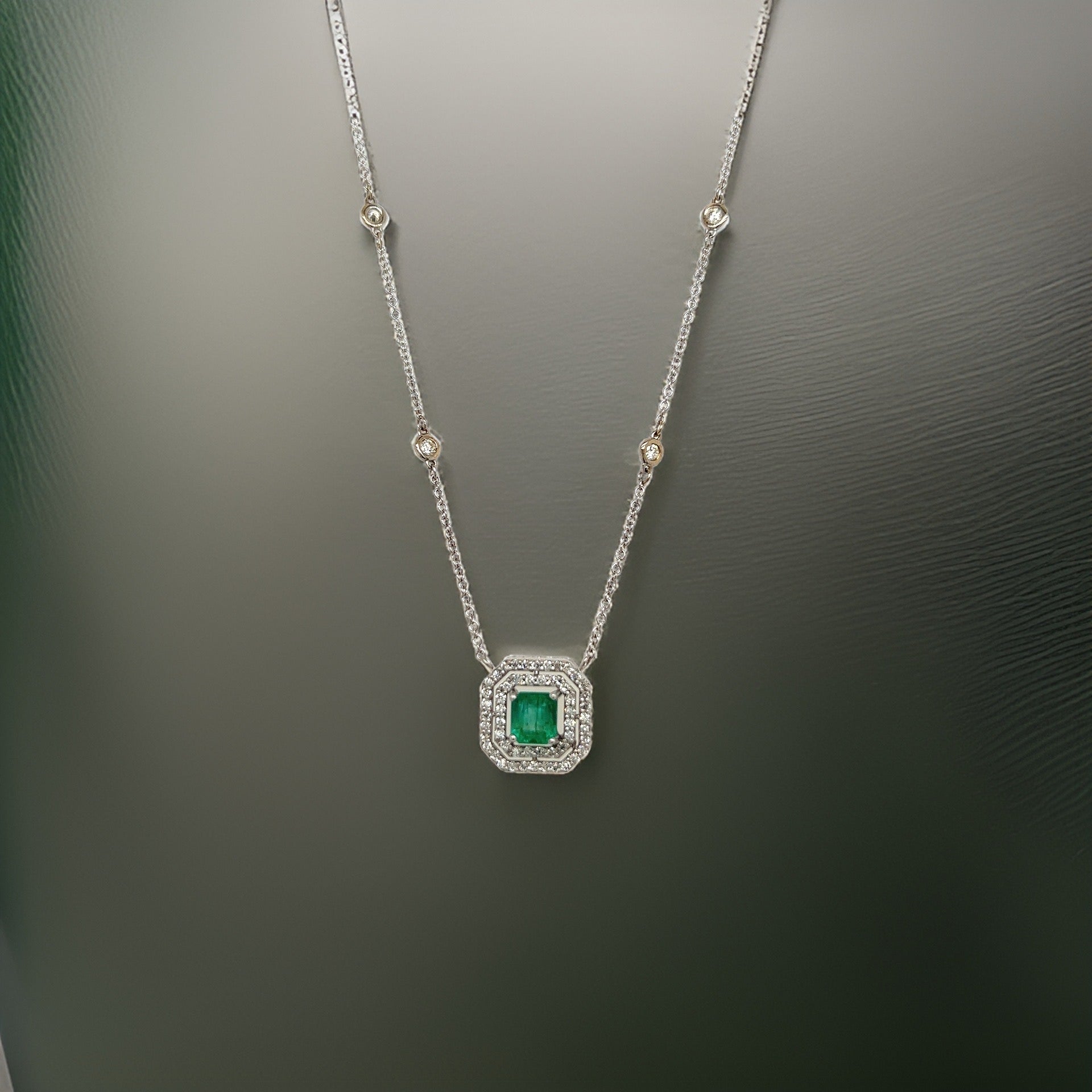 Natural Emerald Diamond Halo Pendant With Chain 18" 14k WG 1.26 TCW Certified $4,950 300677 - Certified Fine Jewelry