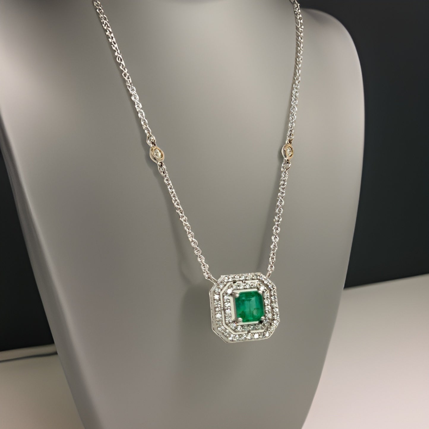 Natural Emerald Diamond Halo Pendant With Chain 18" 14k WG 1.26 TCW Certified $4,950 300677