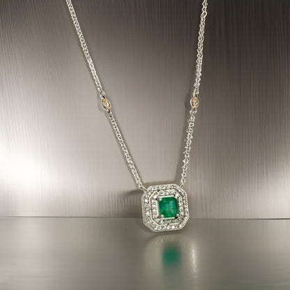Natural Emerald Diamond Halo Pendant With Chain 18" 14k WG 1.26 TCW Certified $4,950 300677